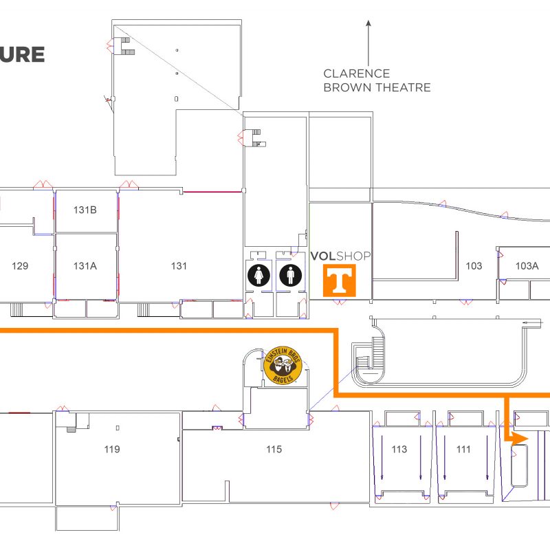 A map showing the elevator and route to take to Art and Architecture room 109.