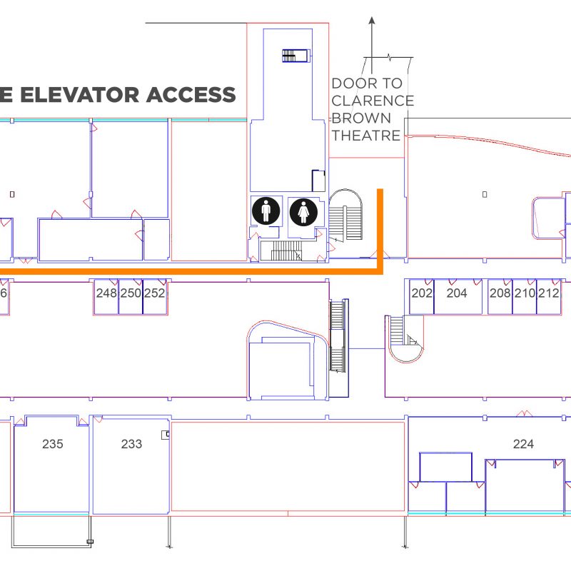 A map showing the accessible routes to the elevator in Art and Architecture.