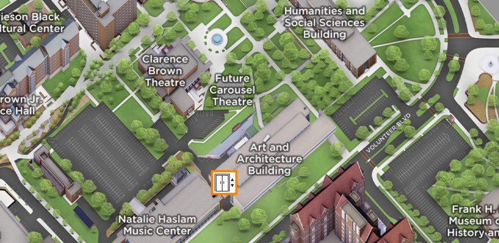 A closeup of a map of campus showing the Art and Architecture Building in relation to surrounding UT buildings. The elevator is closest to the Natalie Haslam Music Center.
