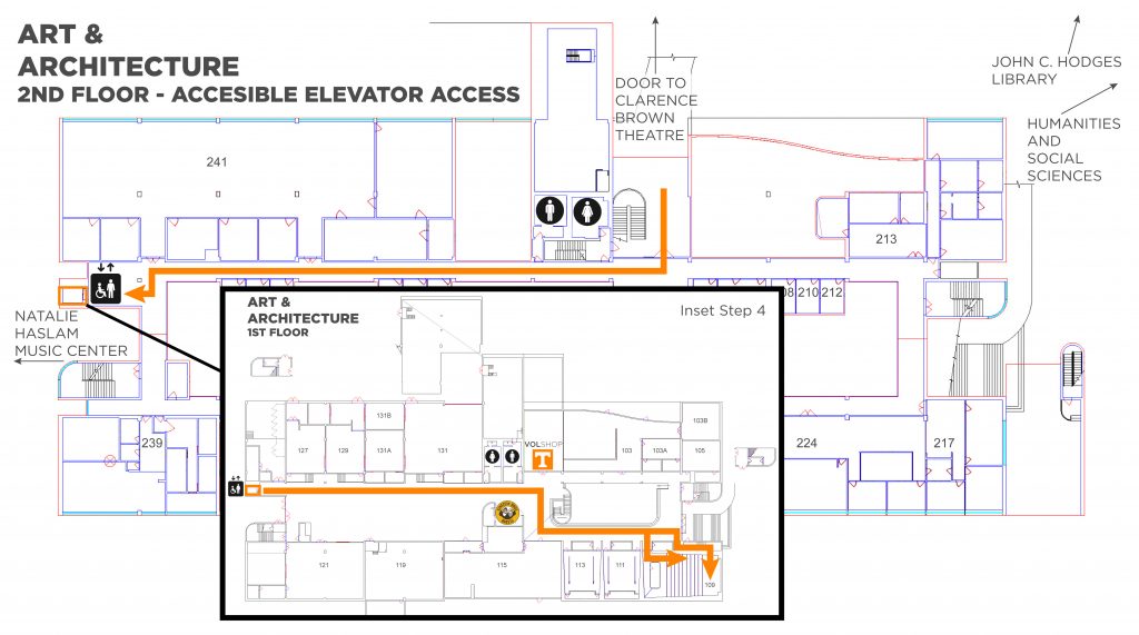 A map showing the elevator and route to take to Art and Architecture room 109. Enter the northwest elevator on the 2nd floor. Inset shows going straight out of the elevator then turning right followed by turning left with the classroom 5 doors on the right.