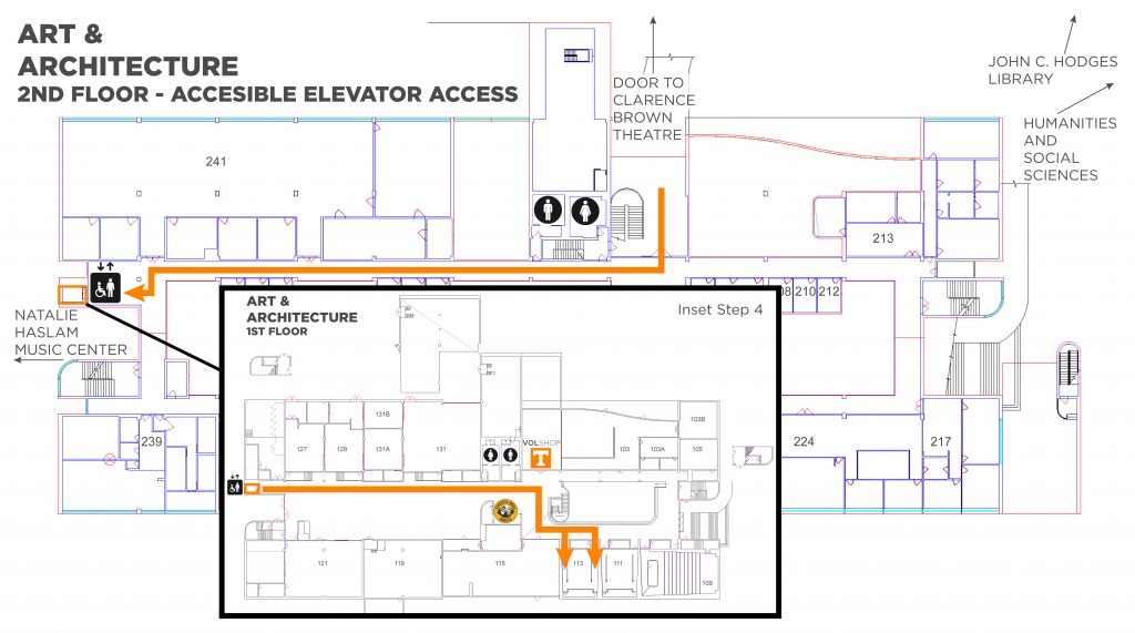 A map showing the elevator and route to take to Art and Architecture room 113. Enter the northwest elevator on the 2nd floor. Inset shows going straight out of the elevator then turning right followed by turning left with the classroom 1 door on the right.