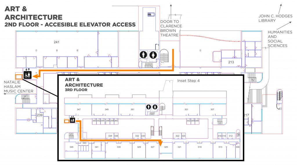 A map showing the elevator and route to take to Art and Architecture room 325. Enter the northwest elevator on the 2nd floor. Inset shows going right out of the elevator and then turning left with the classroom 11 door on the right.