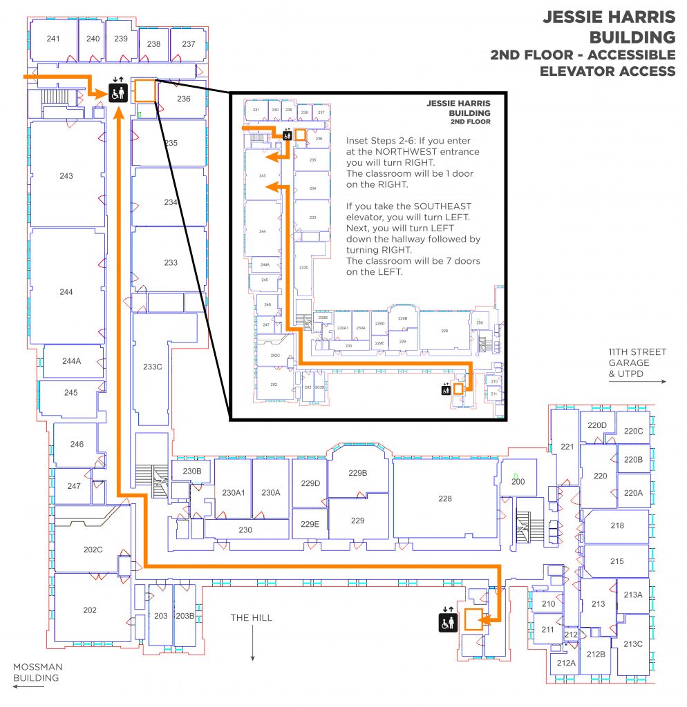 A map showing the elevator and route to take to Jessie Harris room 243. If you enter at the northwest entrance, turn right and the classroom will be 1 door on the right. If you take the southeast elevator, turn left then turn left again down the hallway followed by turning right and the classroom will be 7 doors on the left.