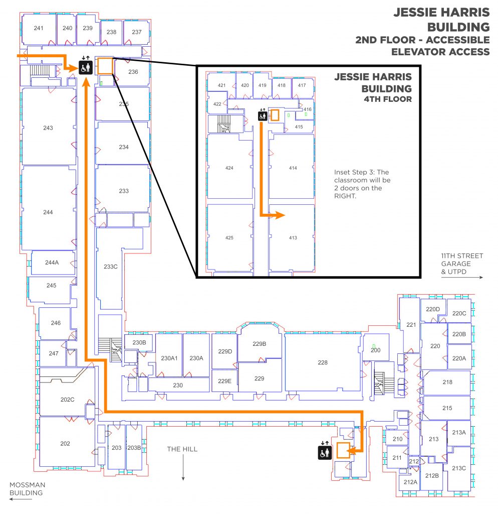 A map showing the elevator and route to take to Jessie Harris room 413. Enter the northwest elevator on the 2nd floor. Inset shows turning left out of the northwest elevator with the classroom 2nd room on the left.