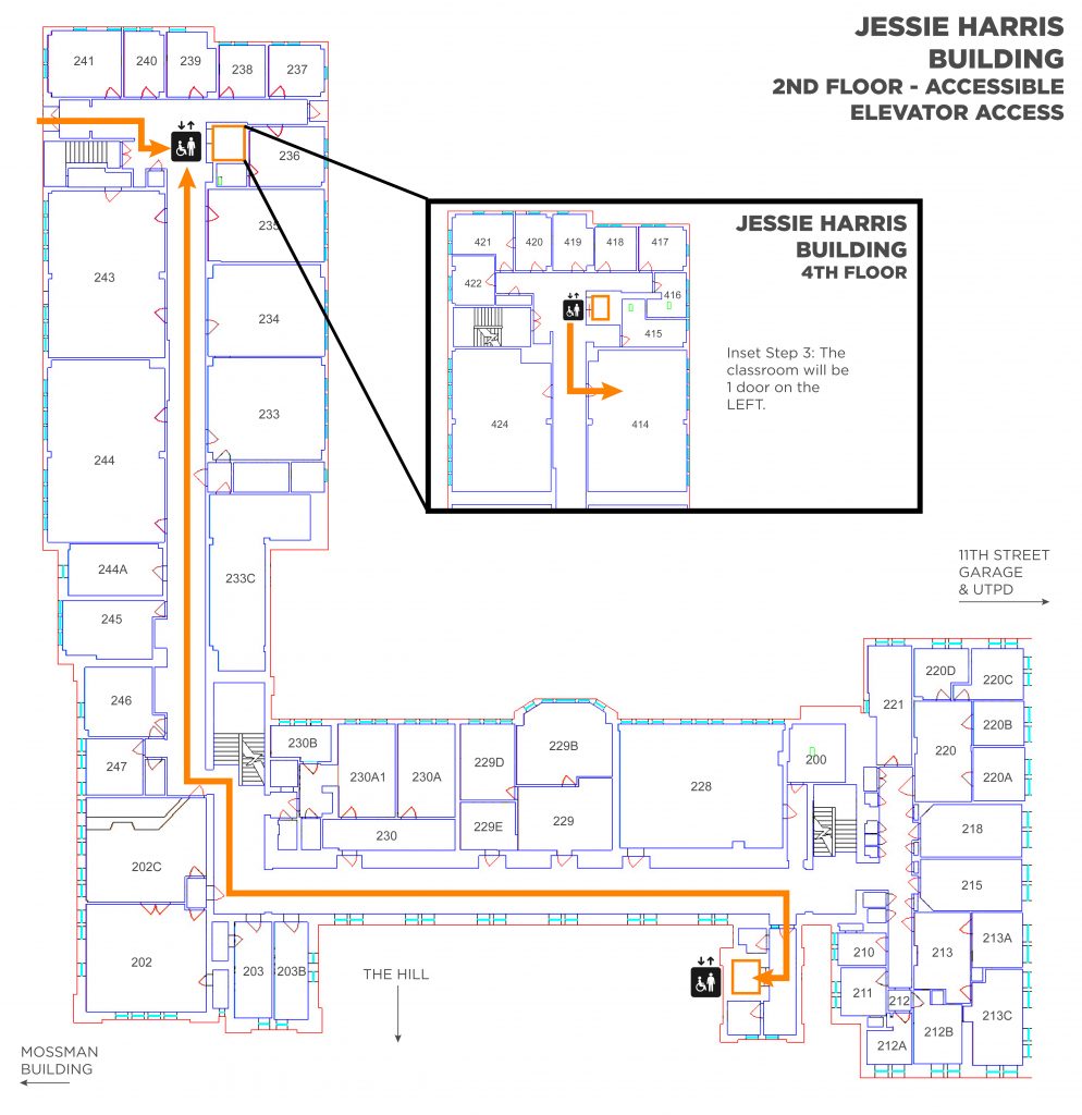 A map showing the elevator and route to take to Jessie Harris room 414. Enter the northwest elevator on the 2nd floor. Inset shows turning left out of the northwest elevator with the classroom 1st room on the left.
