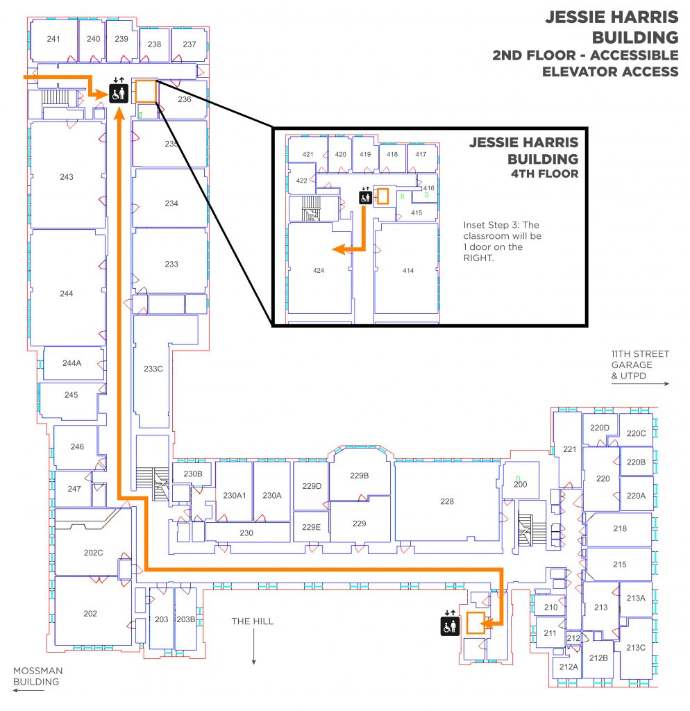 A map showing the elevator and route to take to Jessie Harris room 424. Enter the northwest elevator on the 2nd floor. Inset shows turning left out of the northwest elevator with the classroom 1st room on the right.