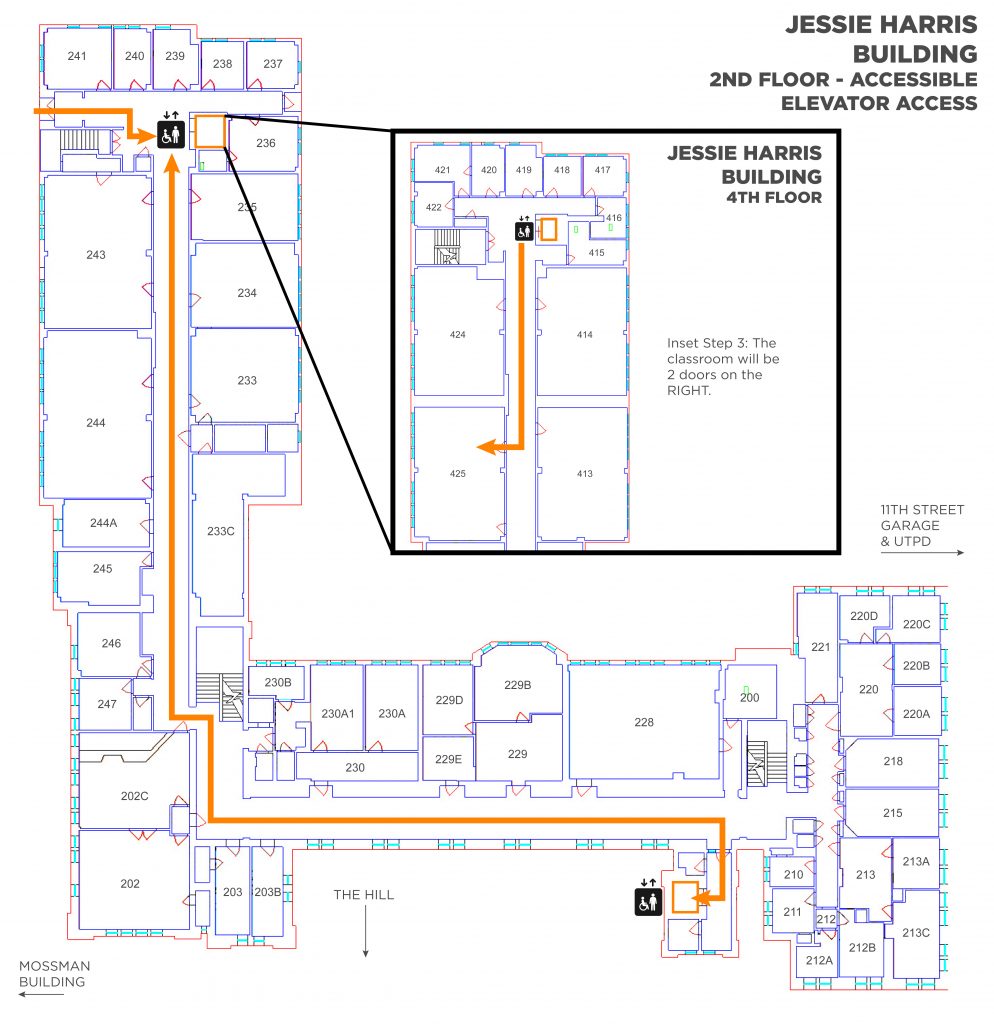 A map showing the elevator and route to take to Jessie Harris room 425. Enter the northwest elevator on the 2nd floor. Inset shows turning left out of the northwest elevator with the classroom 2nd room on the right.