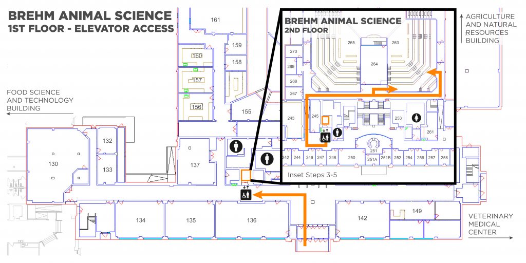 A map showing the route to take to Brehm Animal Science 263. Enter the building on the southwest side. Take the elevator to the second floor Exit the elevator, turn RIGHT, and proceed up the ramp. Turn RIGHT at the top of the ramp. The classroom is 3 doors down on the LEFT.