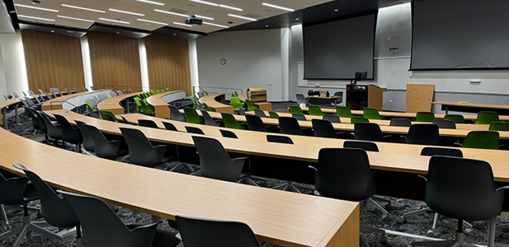 ANR classroom 102 with amphitheatre seating all facing main podium