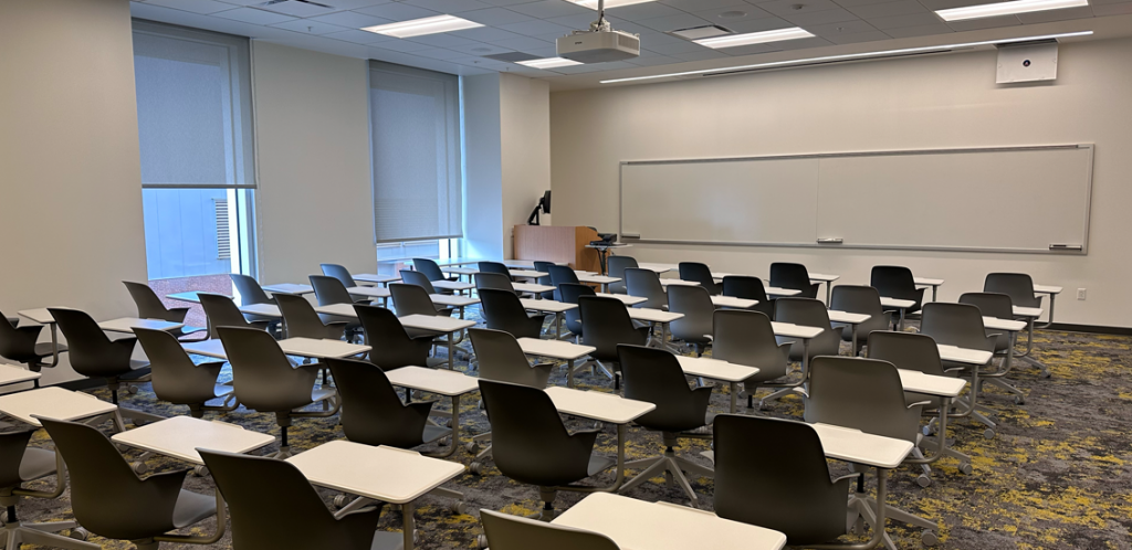 Agriculture and Natural Resource building with chairs aligned in rows facing the front of the room