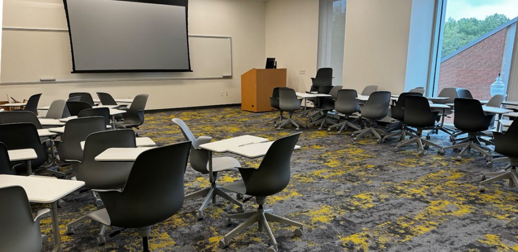 Agriculture and Natural Resources building, room 134. Swivel seats throughout the classroom