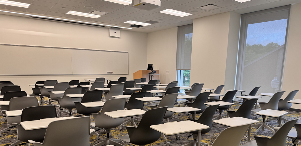Ag and Natural Resources room 134 showing node chairs with instructor podium at front near whiteboards