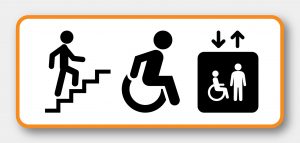 Accessibility icons. A person climbing stairs, a person in a wheelchair, and people in an elevator. Text says: select the image above for accessibility information on this classroom