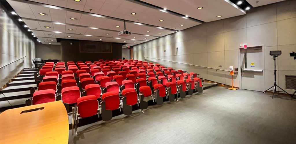 Art and Architecture 109. Room includes theater style seating. Instructor podium includes the control panel, instructor screen, and a spot for laptop.