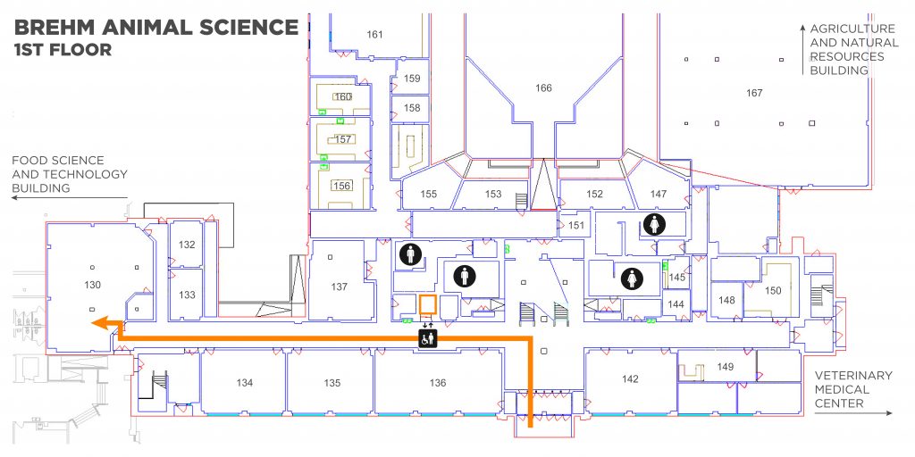 A map showing the route to take to Brehm Animal Science 130. Enter the building on the South West side. Take the first left, the classroom is at the end of the hall.