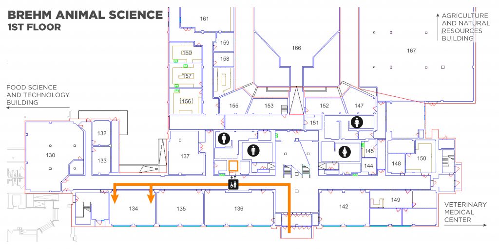 A map showing the route to take to Brehm Animal Science 134. Enter the building on the southwest side. Take the first left, the classroom is 5 doors down on the LEFT.