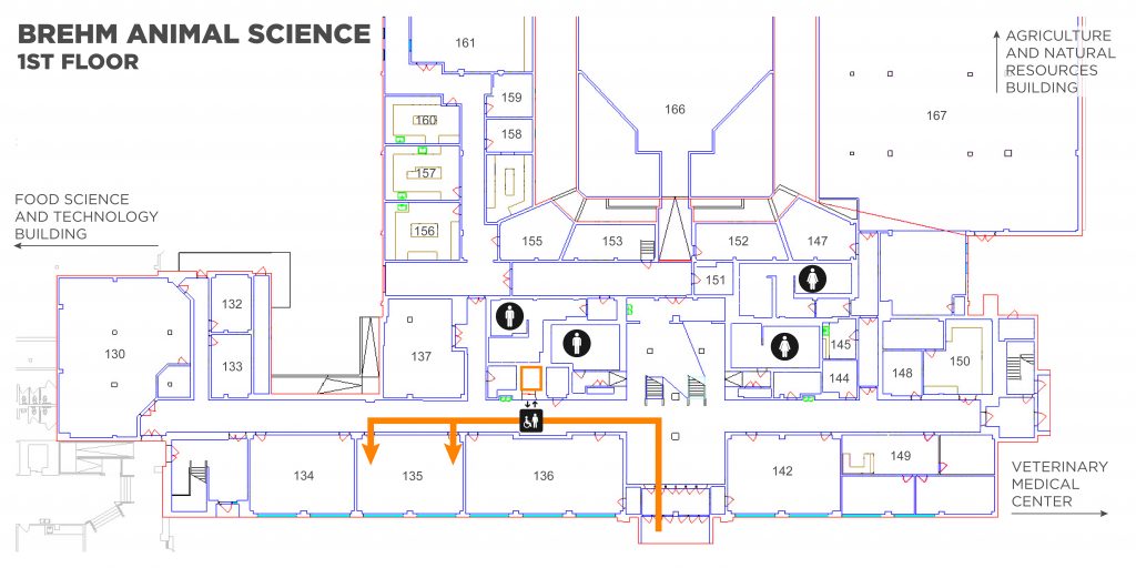 A map showing the route to take to Brehm Animal Science 135. Enter the building on the southwest side. Take the first left, the classroom is 3 doors down on the LEFT.