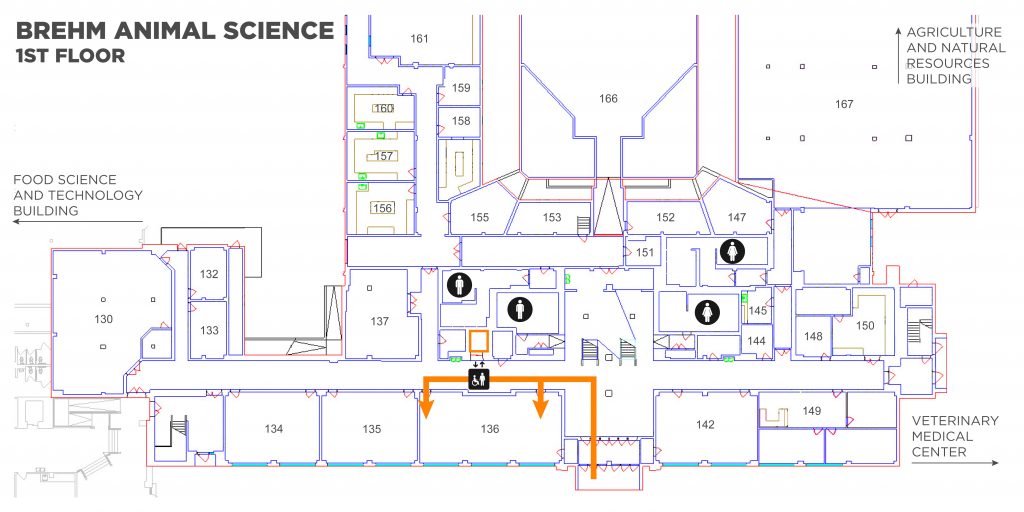 A map showing the route to take to Brehm Animal Science 136. Enter the building on the southwest side. Take the first left, the classroom is 1 door down on the LEFT.