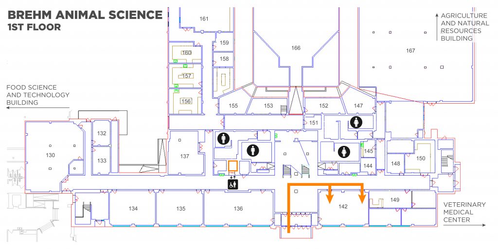 A map showing the route to take to Brehm Animal Science 142. Enter the building on the southwest side. Take the first RIGHT, the classroom is 1 door down on the RIGHT.