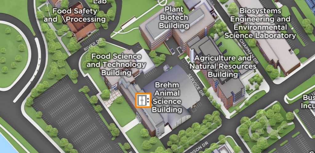 A closeup of a map of campus showing the Brehm Animal Science Building in relation to surrounding UT buildings. The elevator is closest to the South West entrance.