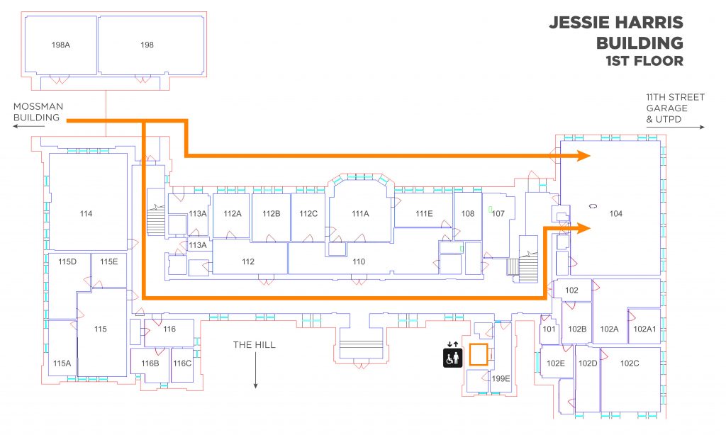 A map showing the elevator and route to take to Jessie Harris room 104. Enter at the northwest part of the building turn left at the end of the hallway then left again. The classroom will be 1 door on the right. Alternatively, the classroom can be accessed directly from the courtyard.