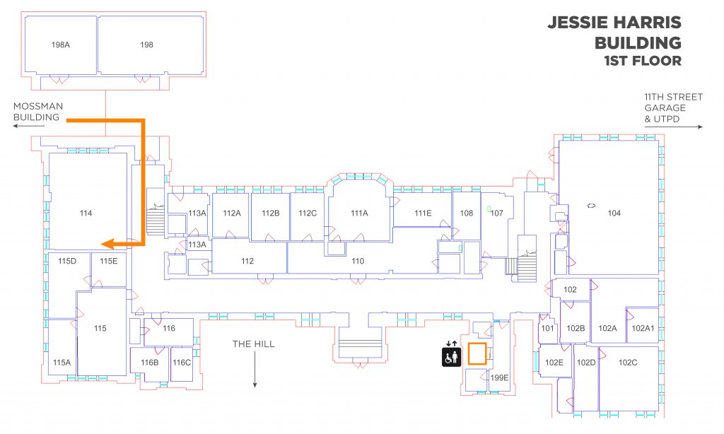 A map showing the route to take to Jessie Harris room 114. Enter at the northwest part of the building. The classroom will be 1 door on the right.