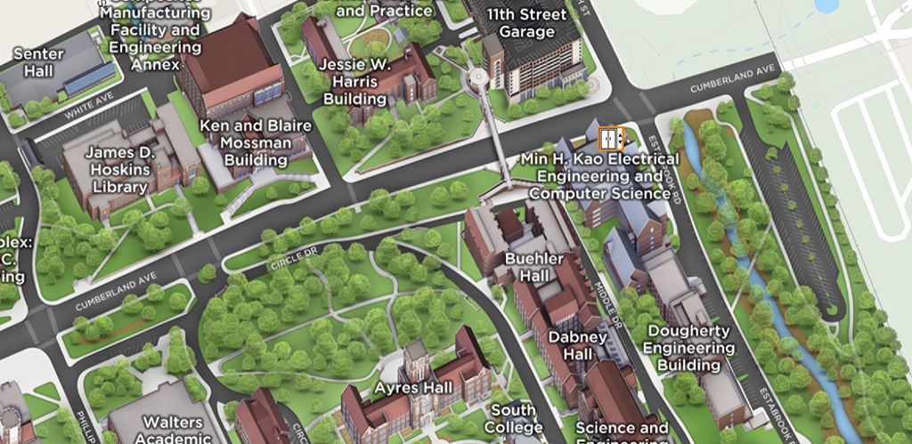 A closeup of a map of campus showing Min H. Kao Building in relation to surrounding UT buildings. The elevator is on the northeast side of the building.