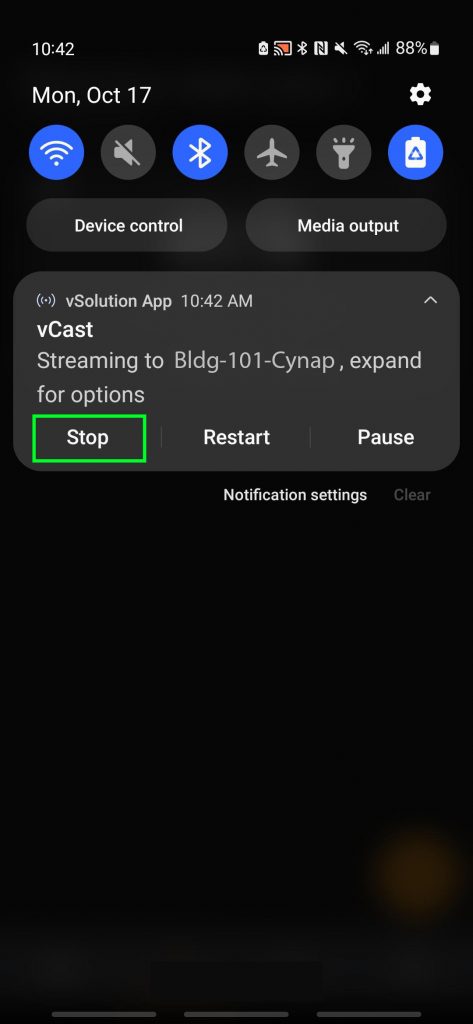 vSolution App vCast Streaming to Bldg-101-Cynap, expand for options. Stop, Restart, Pause