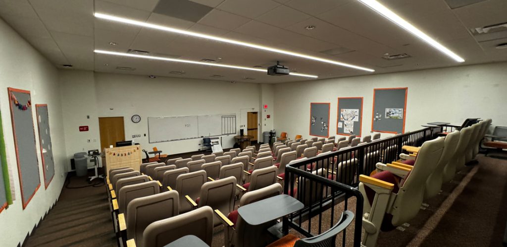 Veterinary Medical Center room A118 showing stadium style seating and stairs leading to instructor podium