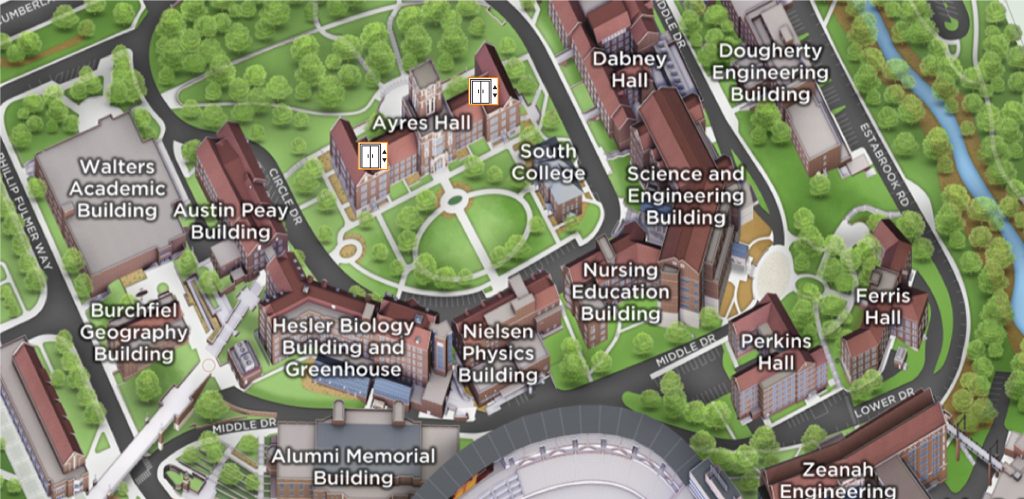 A closeup of a map of campus showing Ayres Hall in relation to surrounding UT buildings. The elevator is closest to the the Austin Peay Building and South College.
