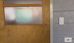 shows a wooden door with a light switch to the right