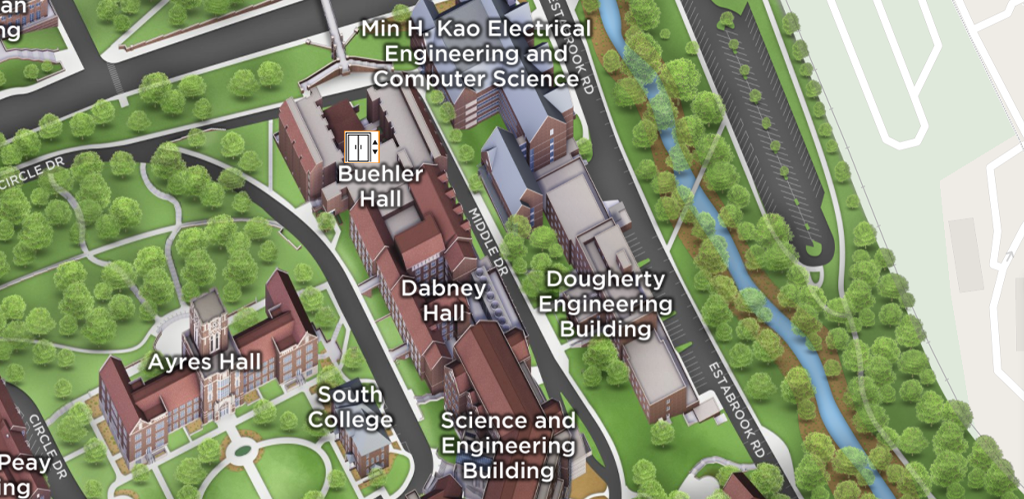 A closeup of a map of campus showing Buehler Hall in relation to surrounding UT buildings. The elevator is on the south side of the building.