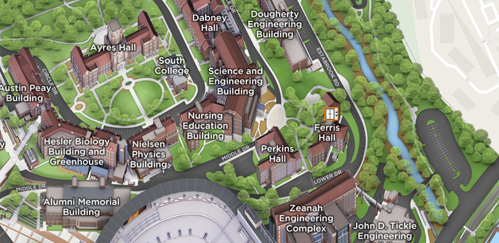 A closeup of a map of campus showing Ferris Hall in relation to surrounding UT buildings. The elevator is on the east side of the building.