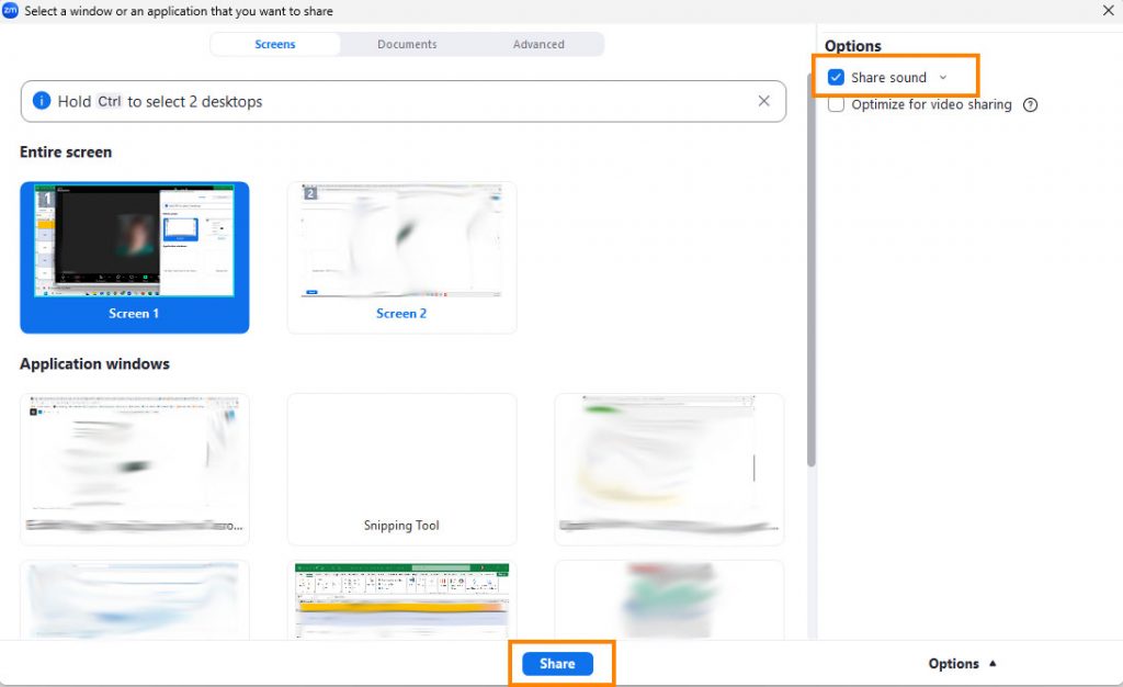choose screen on Zoom and share sound